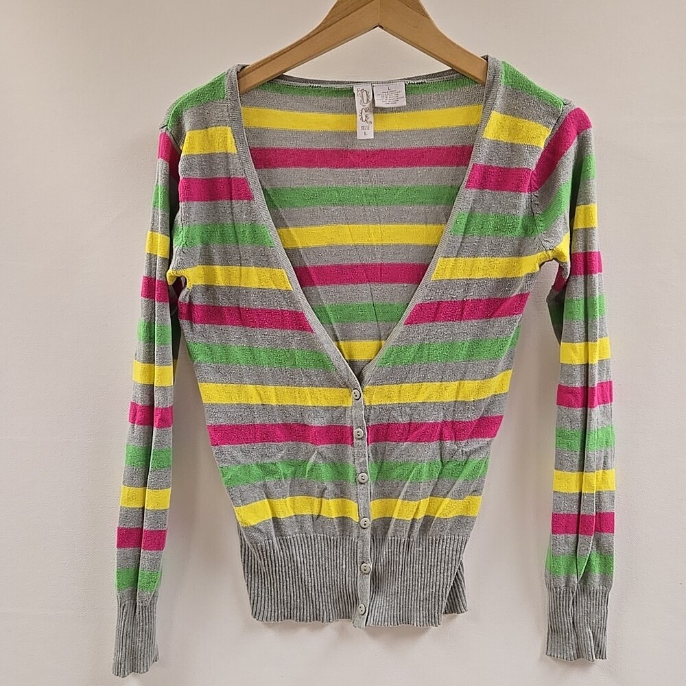 D C Long Sleeve Button Up Cardigan Sweater Women Size Large Striped Multicolor